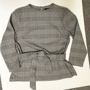 Ann Taylor Gray and White Glen Plaid Long Sleeve Top with Self Tie L